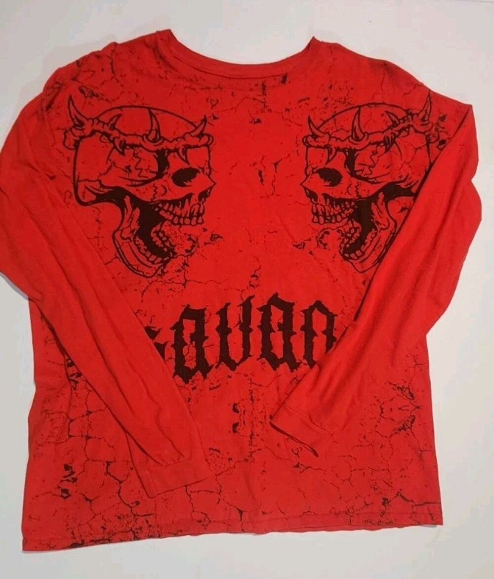 Savage Skull Shirt Red Long Sleeve Graphic Tee Skeleton Xl